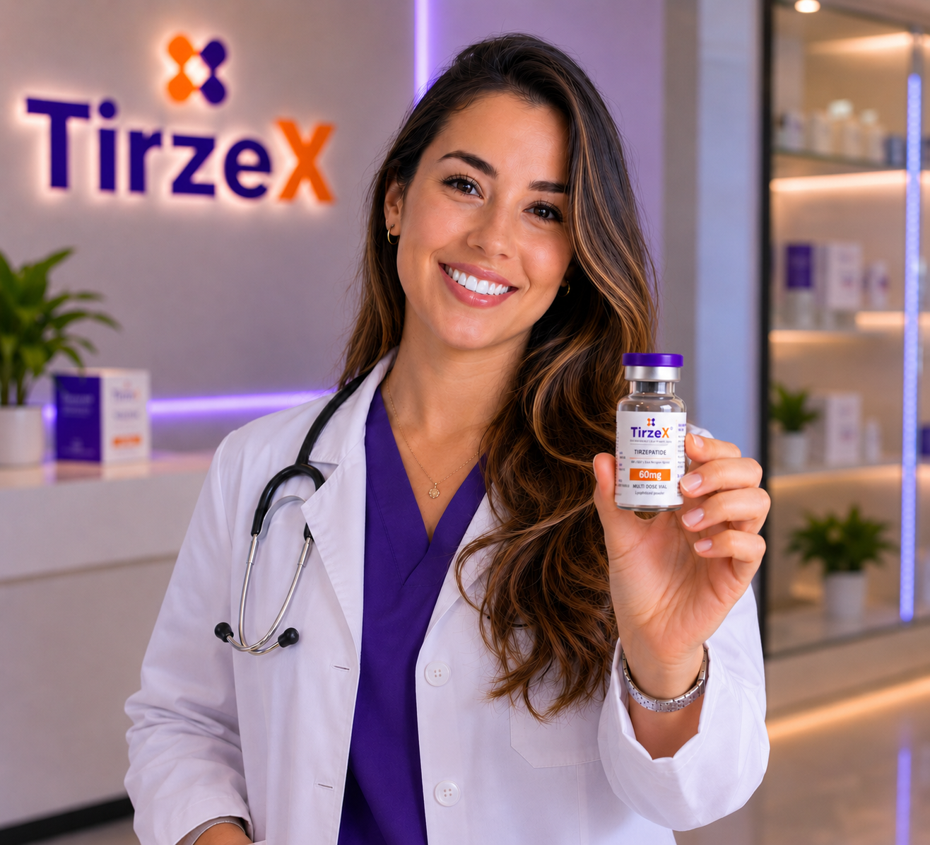 Doctora presentando un vial de TirzeX en su clínica